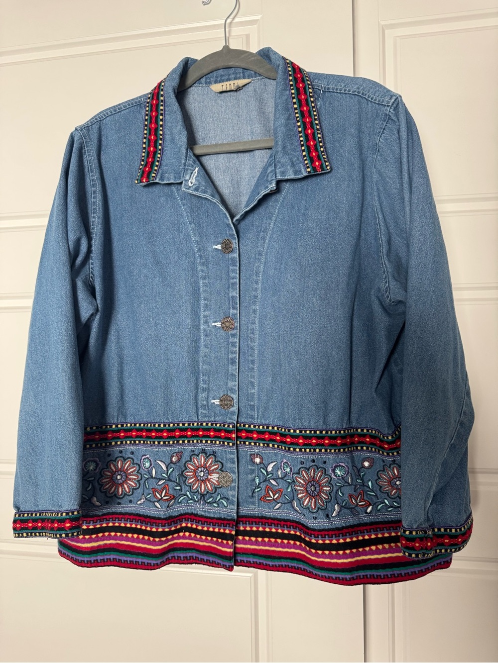 Blue Denim Button-Down Jacket with Multicolor Embroidered Trim